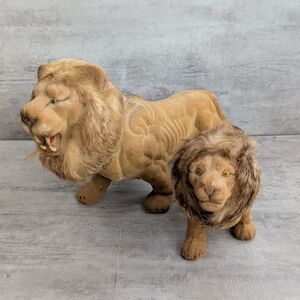 Rare Vintage 1950's Flocked Lion and Cub Nodder with Real Rabbit Fur Mane Tail